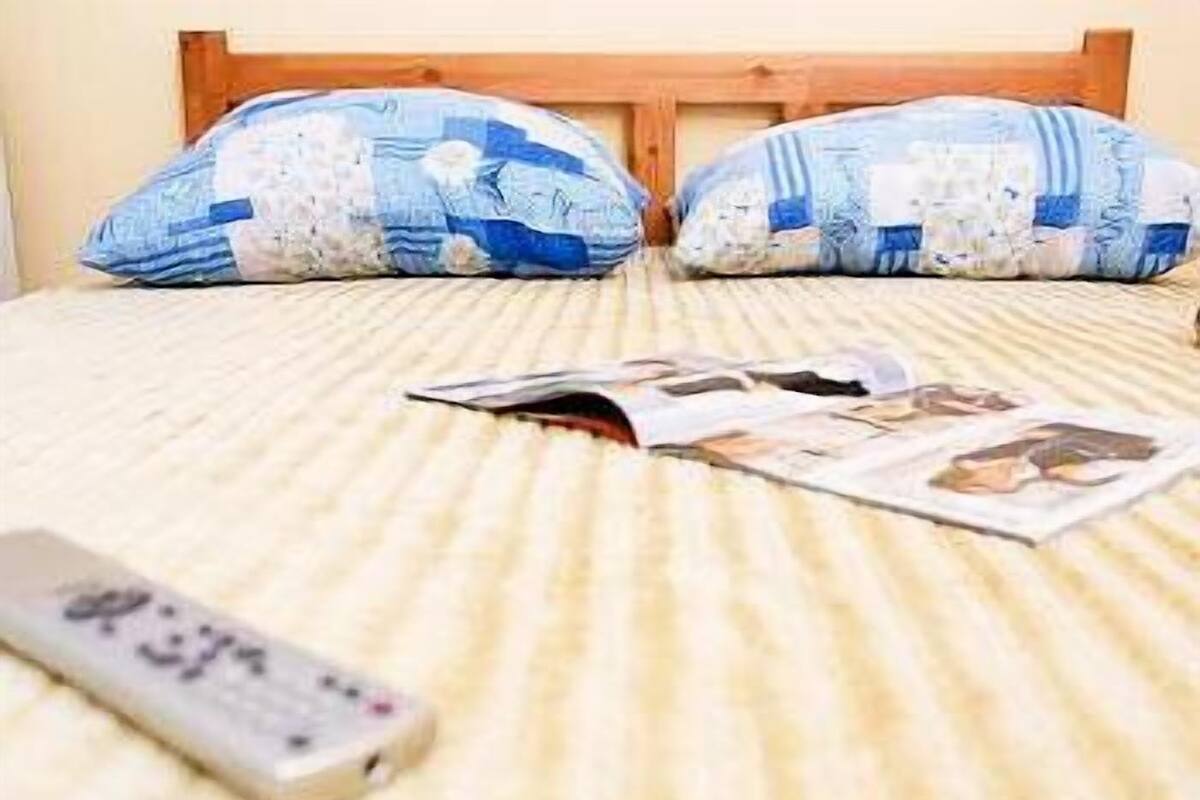 A bed with a striped blanket, two pillows, a remote control, and a magazine on it.