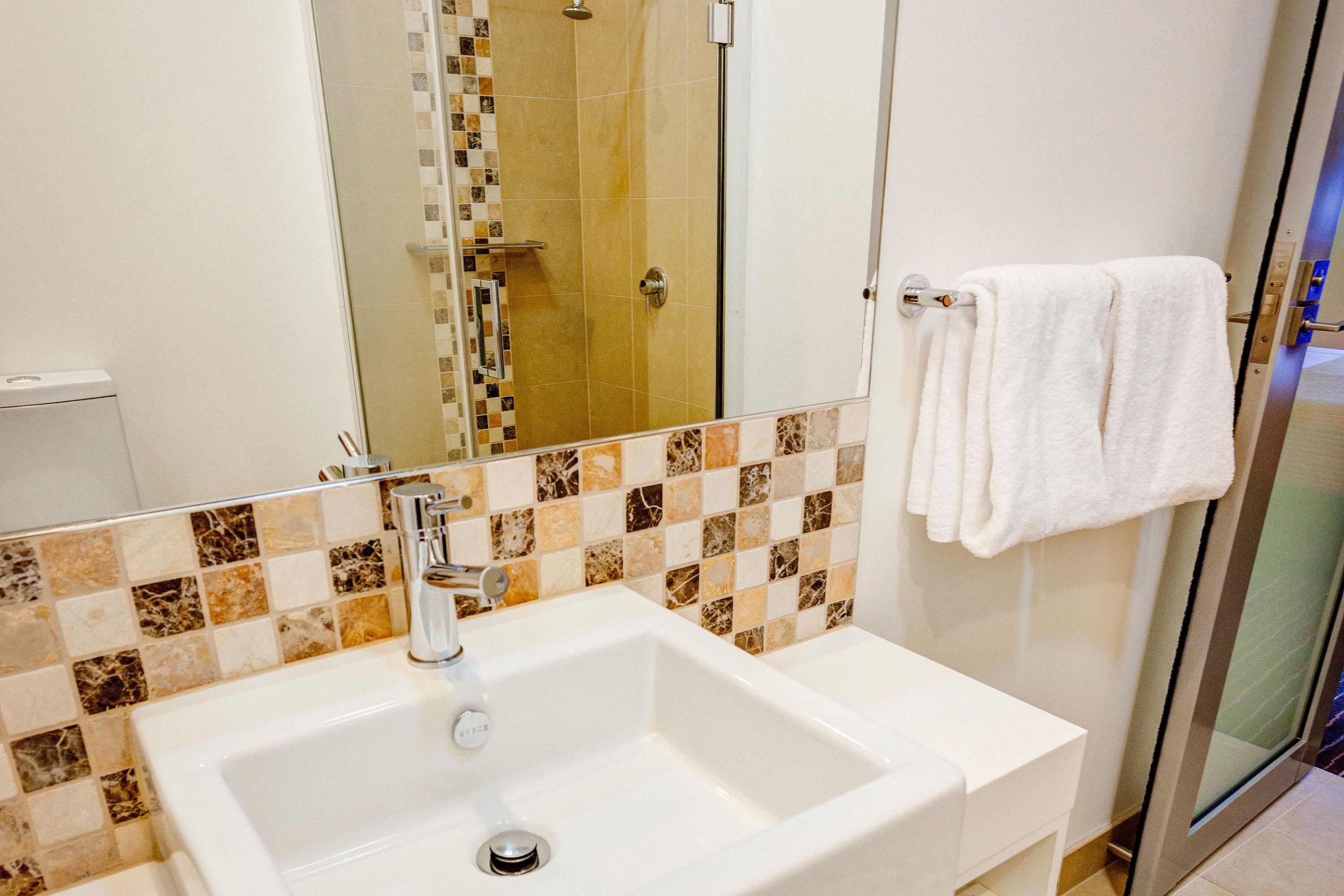 shower, free toiletries, hair dryer, towels