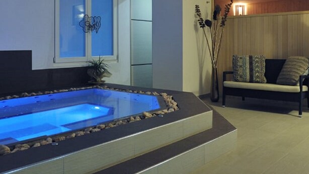 Una sala de estar moderna con un jacuzzi integrado, un sofá y una planta decorativa.
