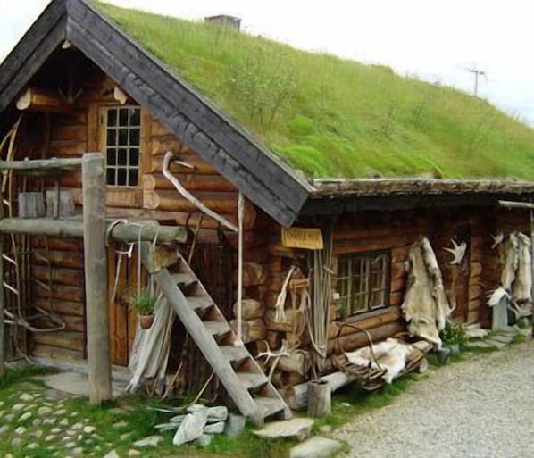 A log cabin with a grass roof, a wooden ladder, and a sign on the door. - Engholm Husky Design Lodge (Karasjok)
