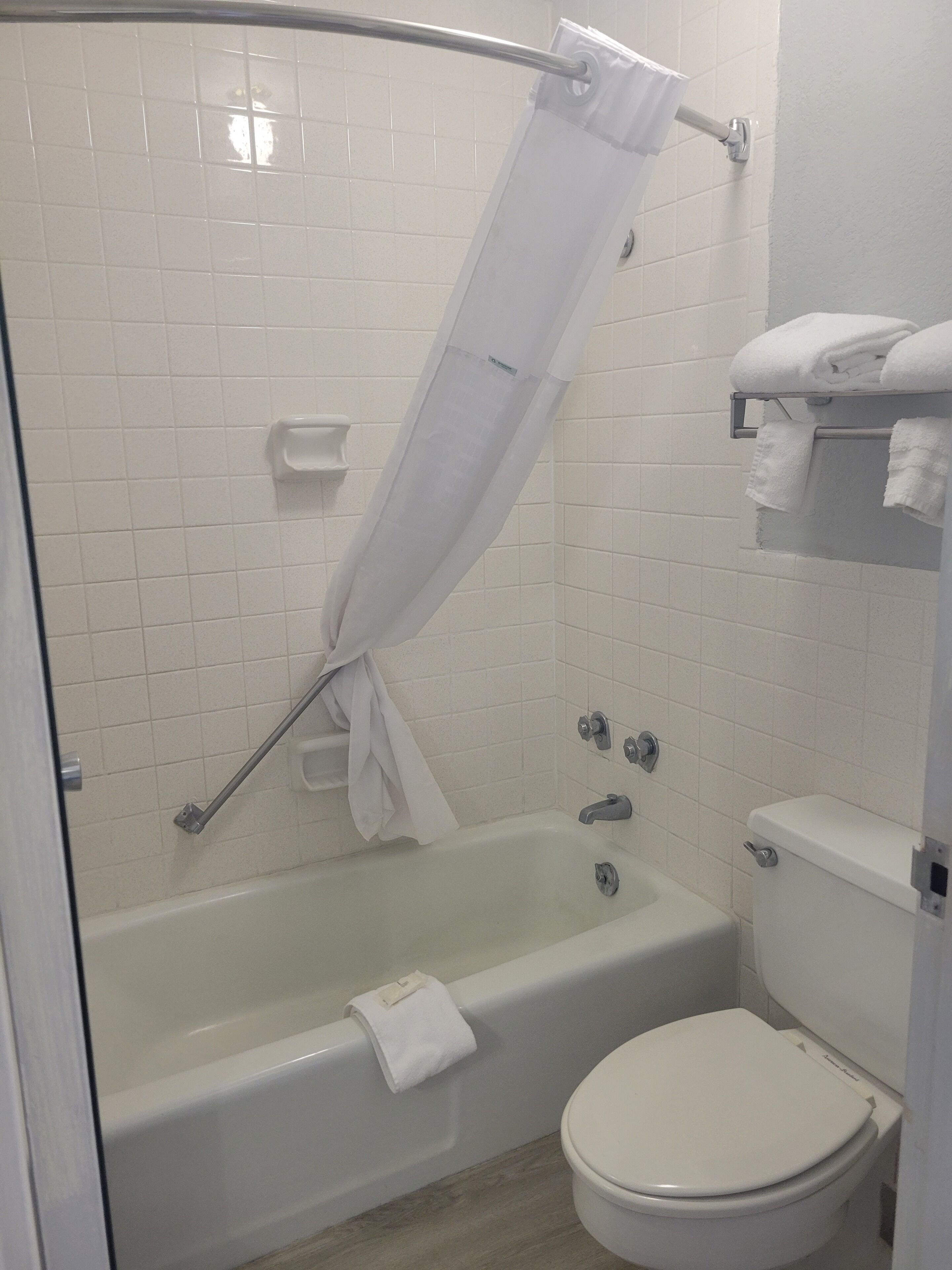 A bathroom with a bathtub, toilet, and a shower curtain.