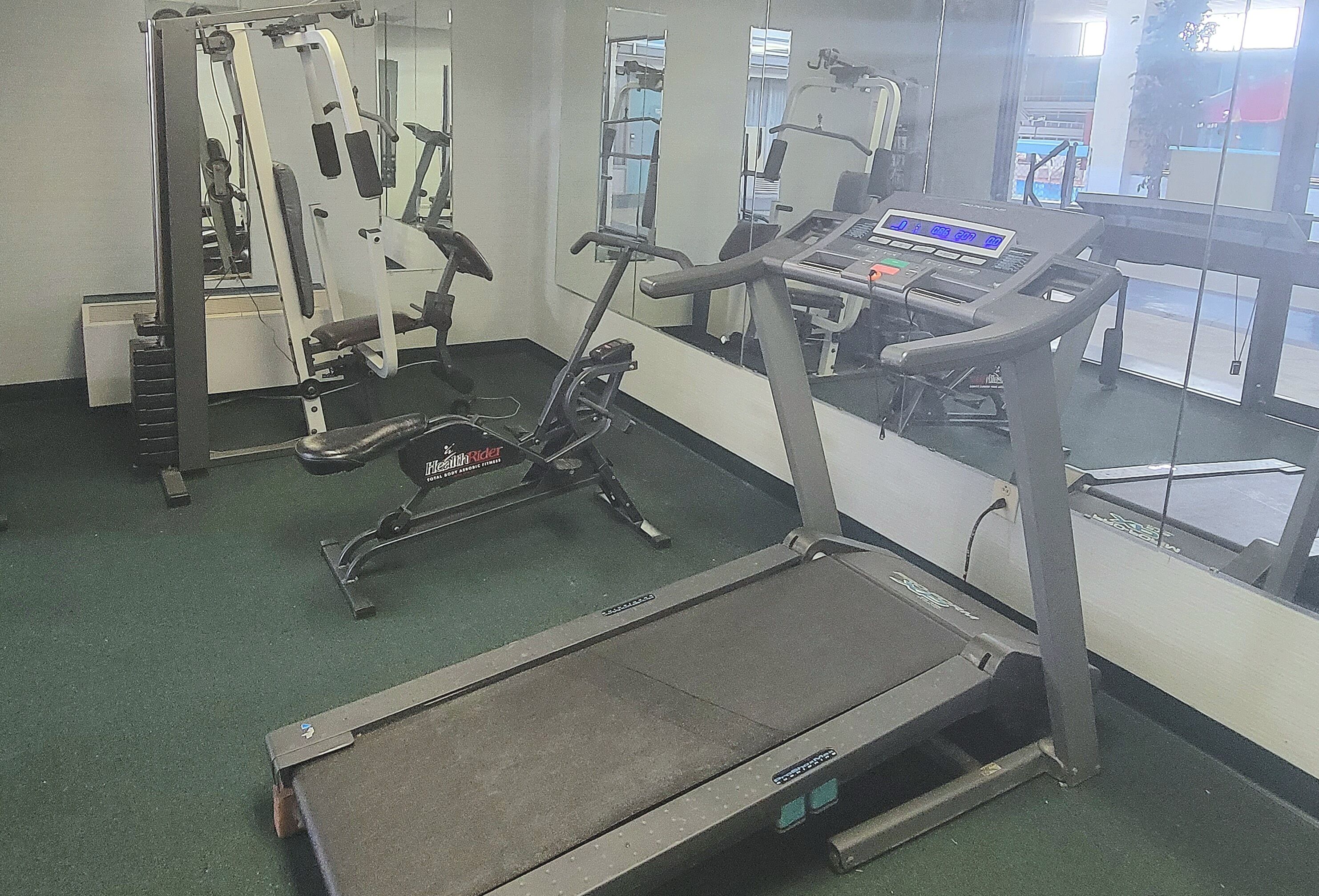 Un gimnasio con equipo cardiovascular, máquinas de pesas y un espejo grande.