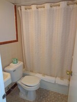 Bañera con ducha, secador de pelo, toallas