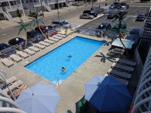 A swimming pool with lounge chairs and umbrellas, surrounded by parked cars and palm trees. - Quarterdeck Motel (Wildwood)