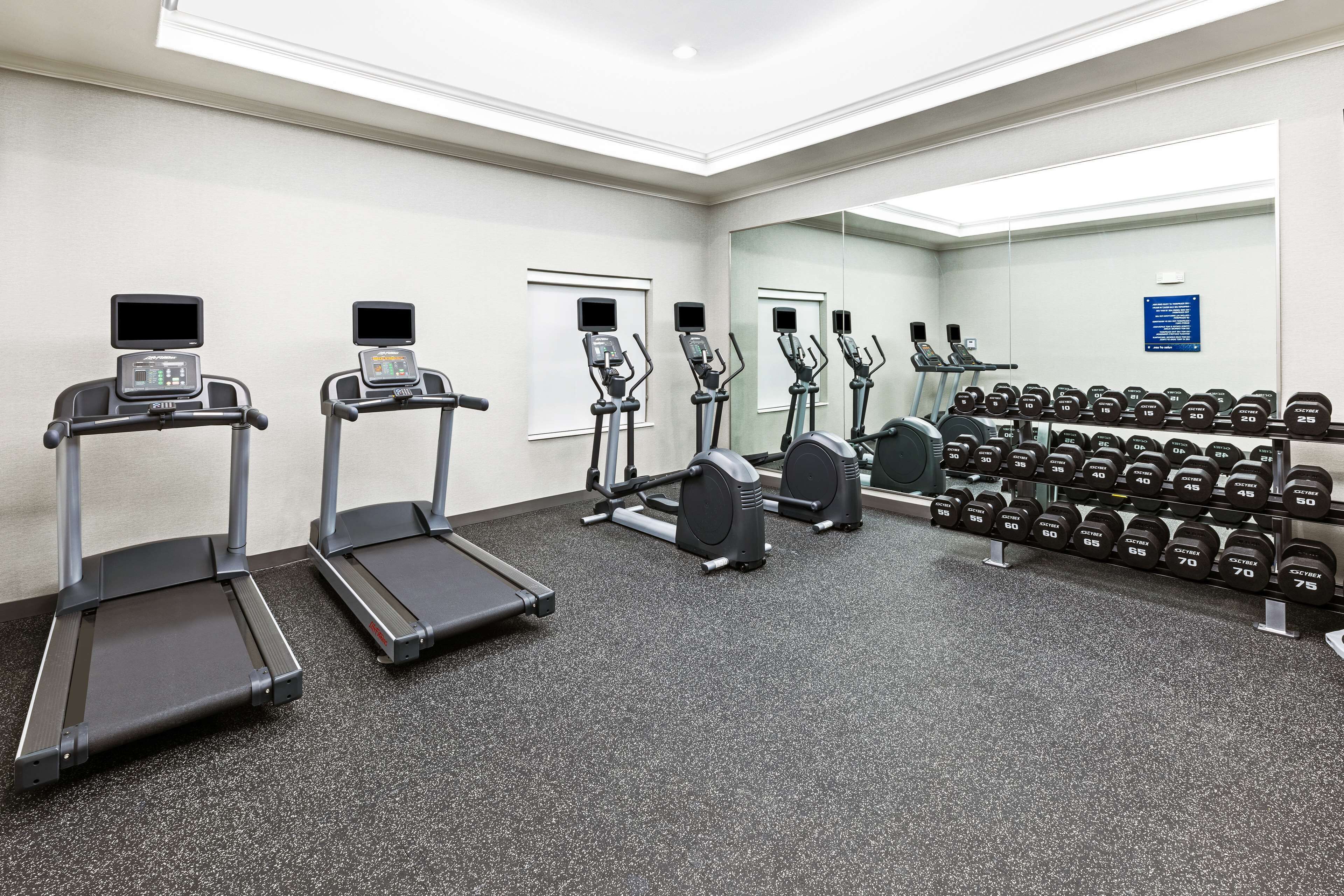 Ein Fitnessraum mit Laufbändern, Crosstrainern und einer Hantelbank.