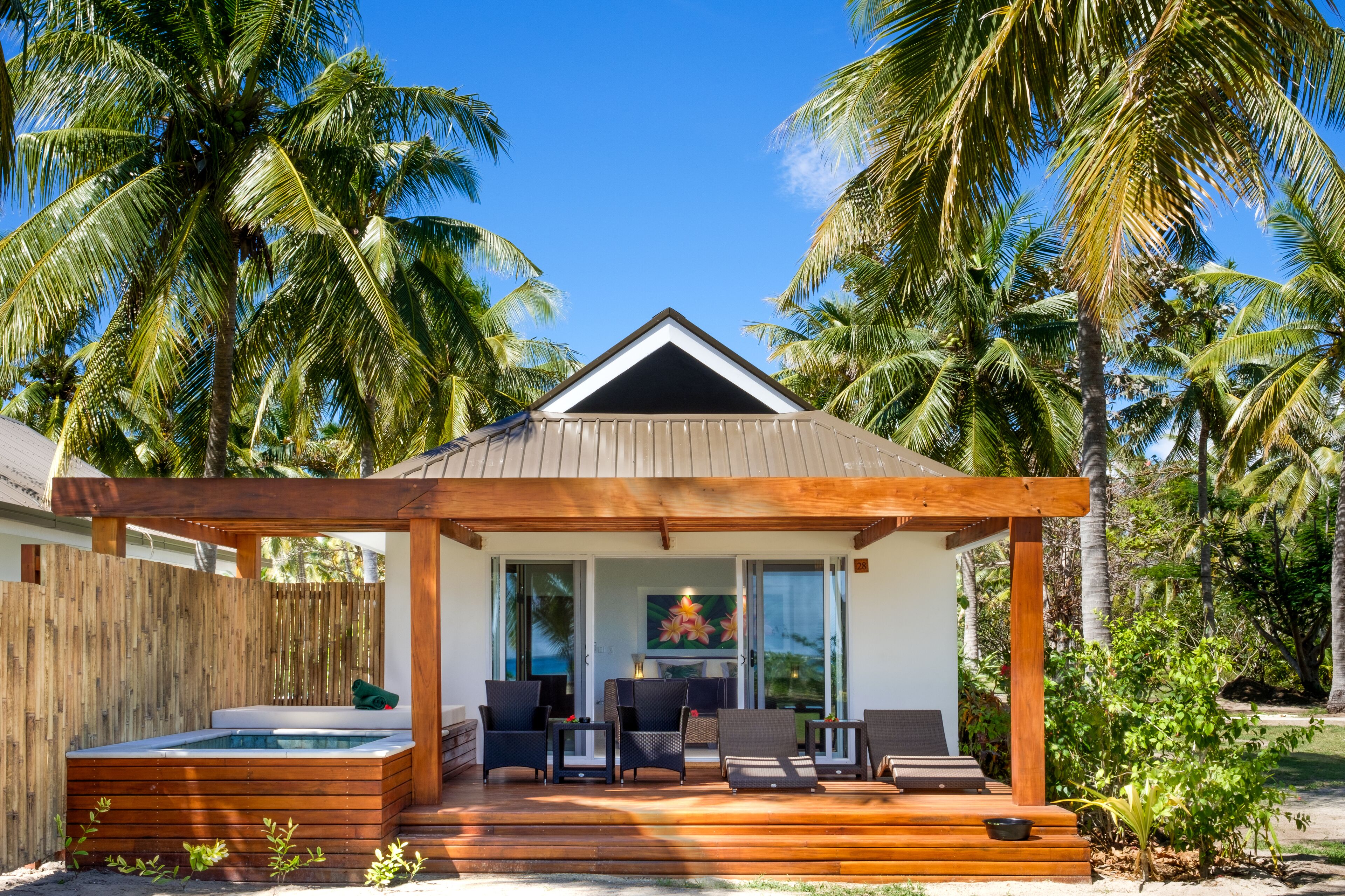 Bungalow, Private Pool, Beachfront | In-room safe, desk, blackout drapes, iron/ironing board