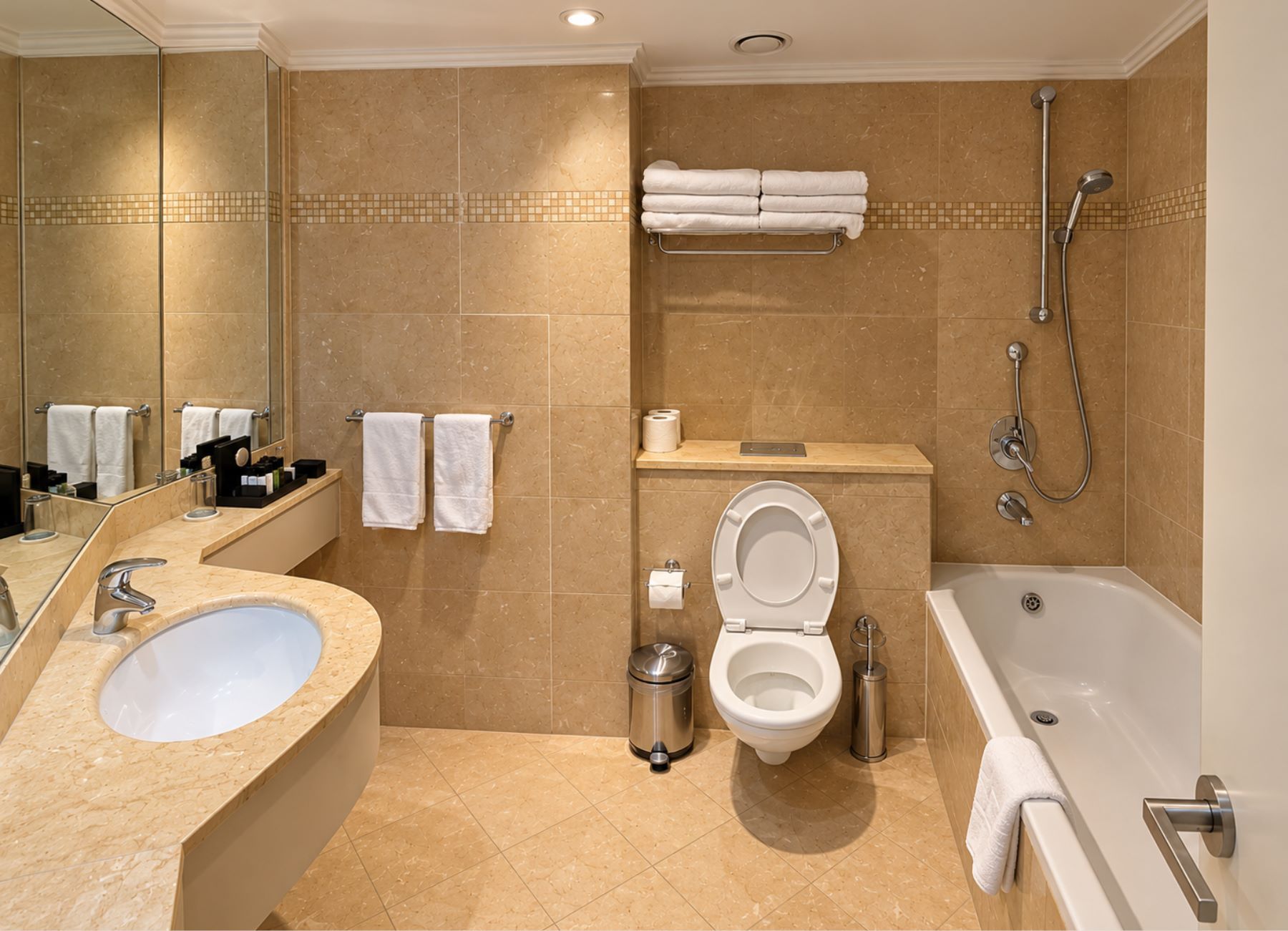 A modern bathroom with a sink, toilet, bidet, and bathtub.