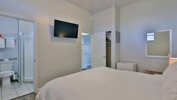 Un dormitorio con cama, televisor, armario y baño con inodoro y ducha.
