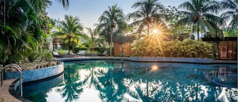 Outdoor pool, sun loungers