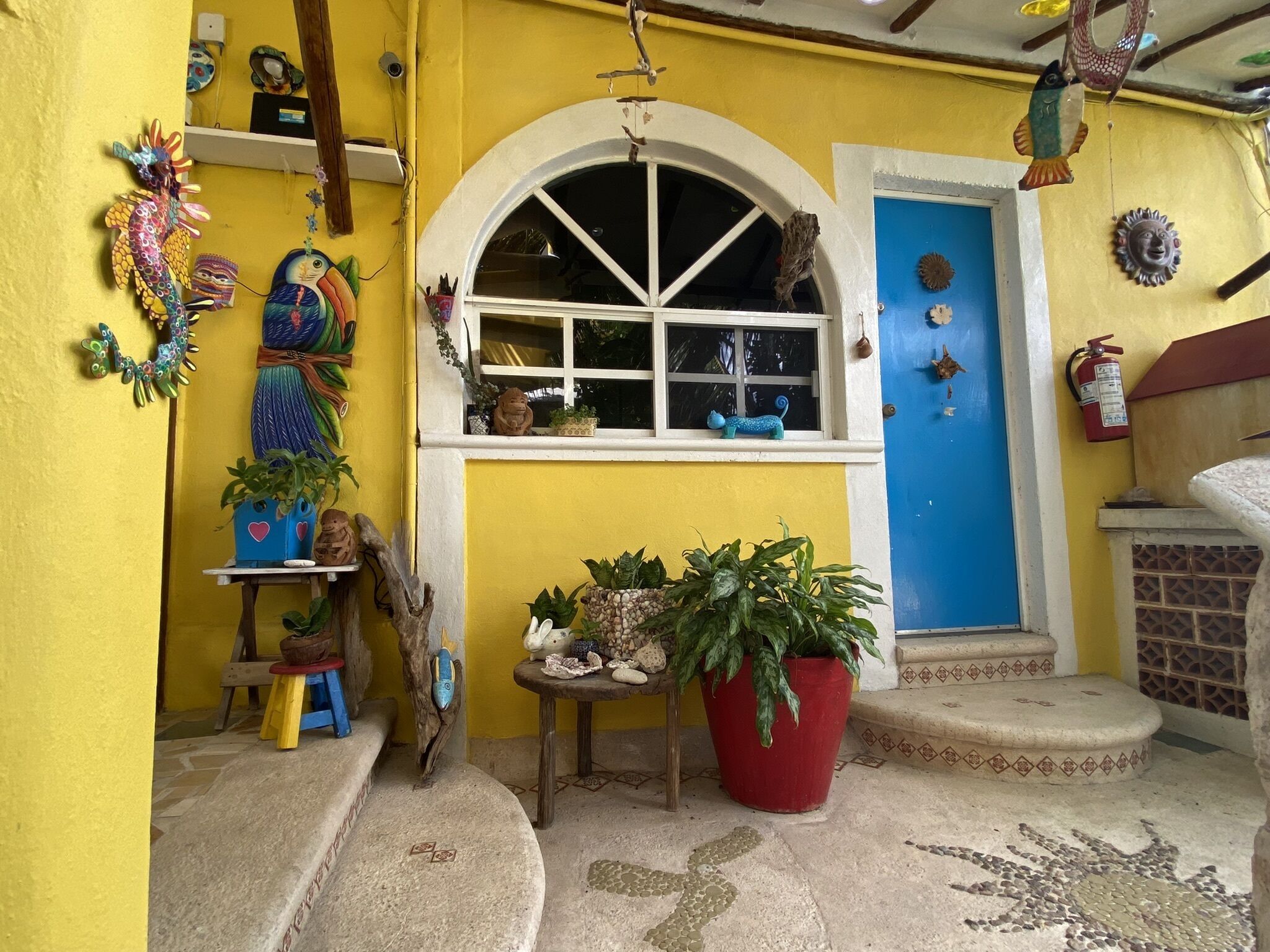 Fachada amarilla vibrante con una puerta azul, una ventana con adornos y una pequeña mesa con una planta en maceta.