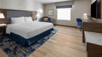 A hotel room with a large bed, a desk, a chair, a TV, and a window.