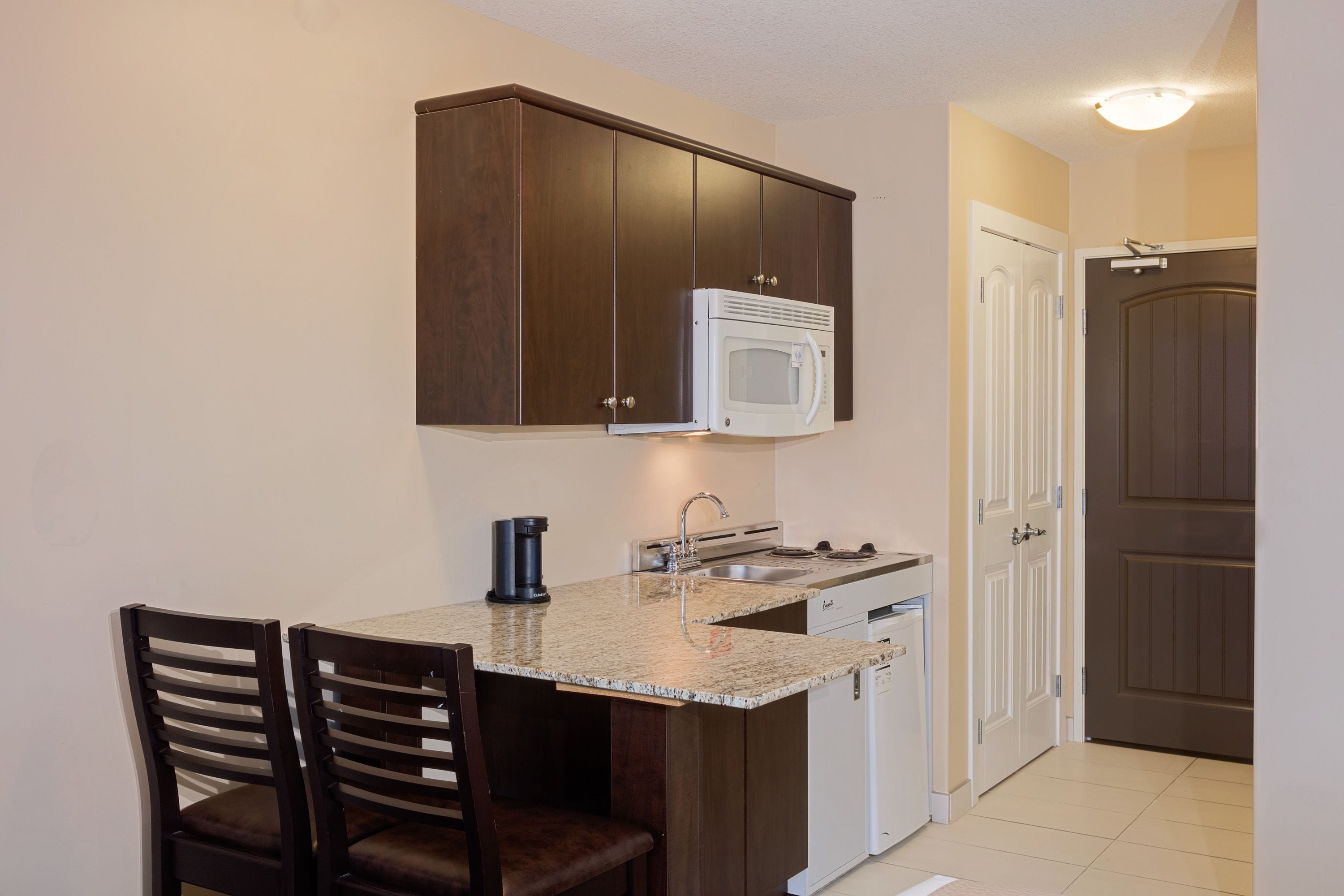 mini-fridge, microwave, coffee/tea maker, toaster