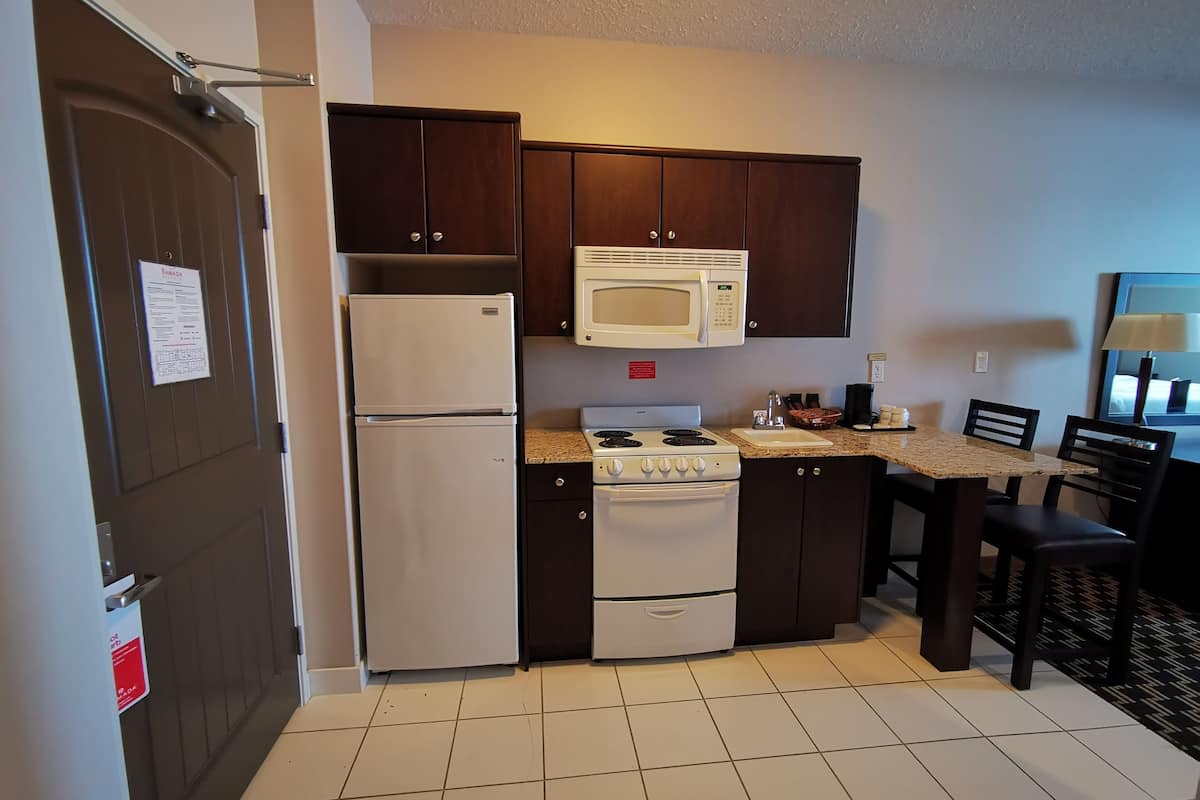 mini-fridge, microwave, coffee/tea maker, toaster