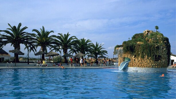 Una piscina con palmeras y una formación rocosa en forma de isla.