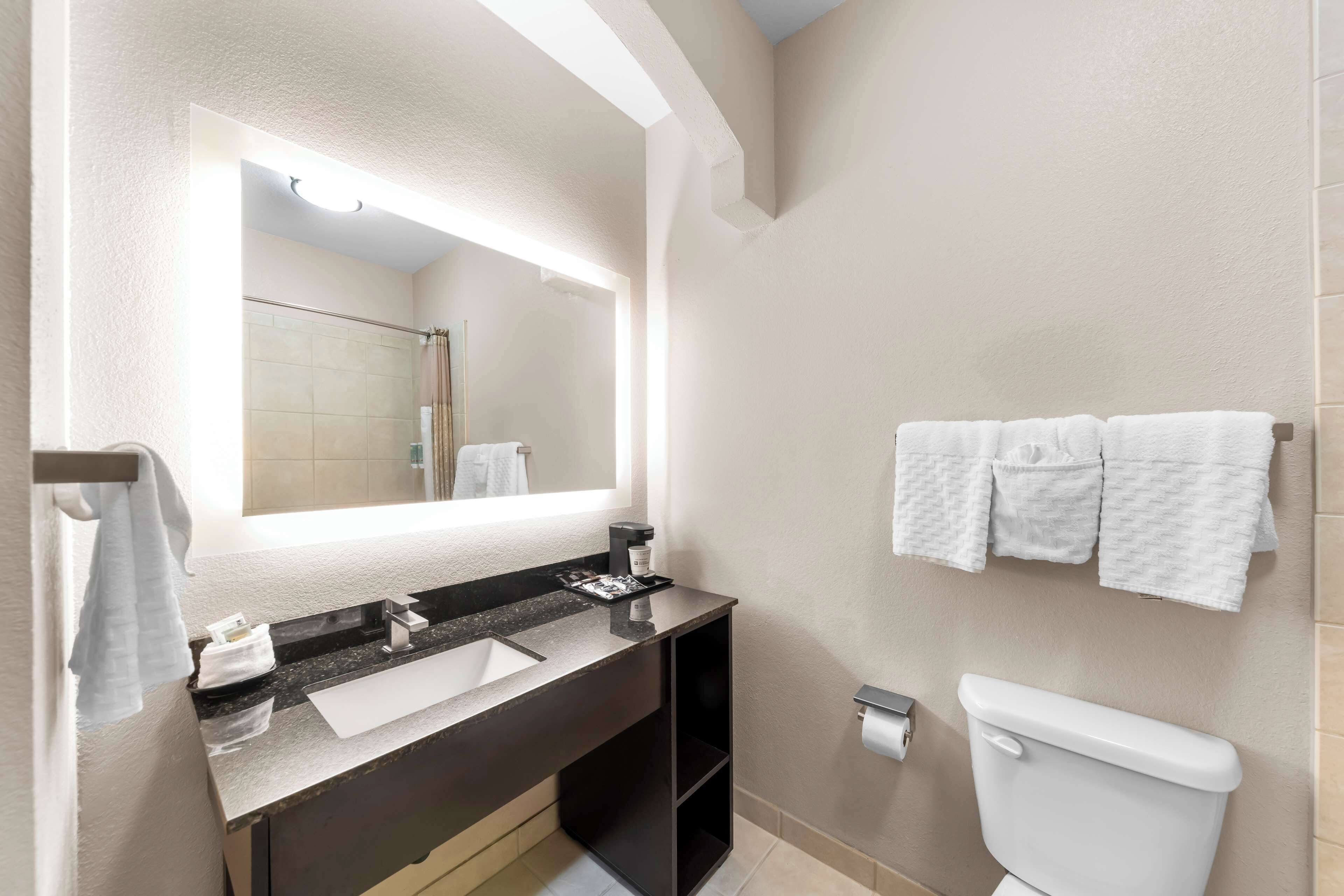 A modern bathroom with a large mirror, a dark vanity, a toilet, and a towel rack with multiple towels.