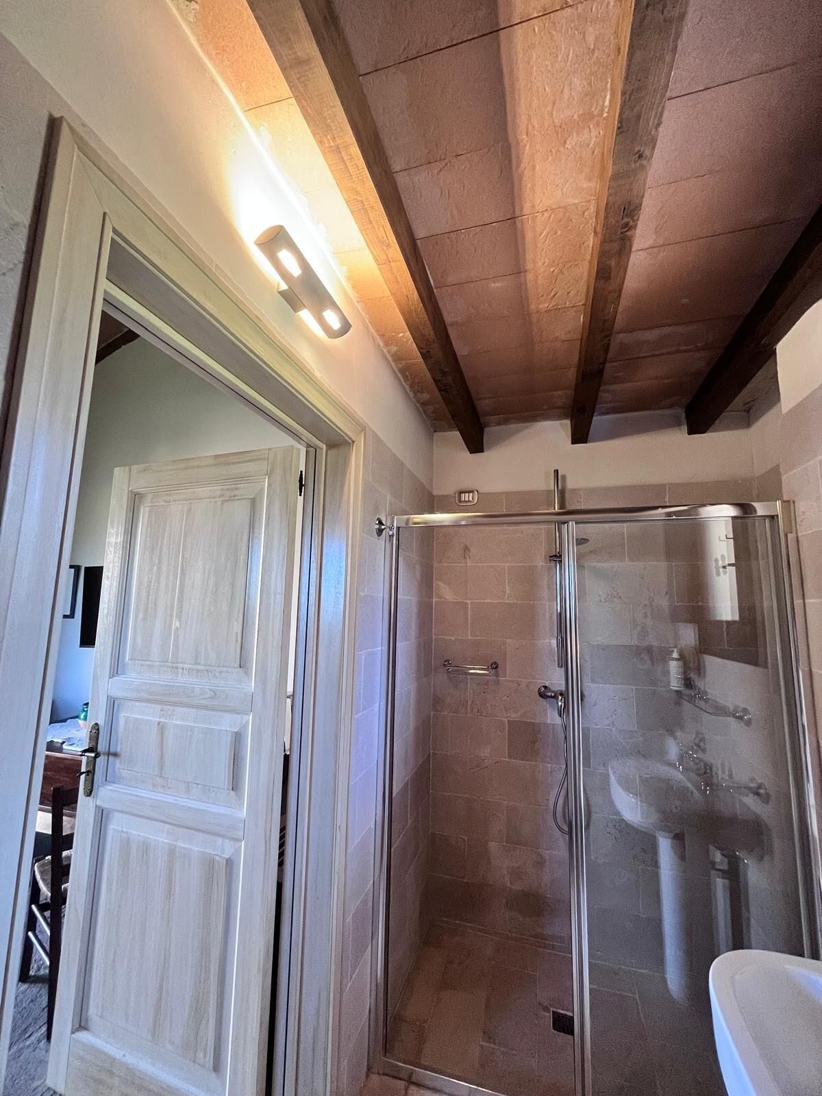 Une salle de bain moderne avec une douche à parois de verre, une porte blanche et un plafond en bois.