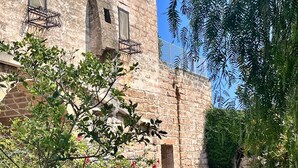 A stone building with a narrow passageway, a metal railing, and a tree with green leaves and red flowers. - Tenuta Monacelli Lecce (Lecce)