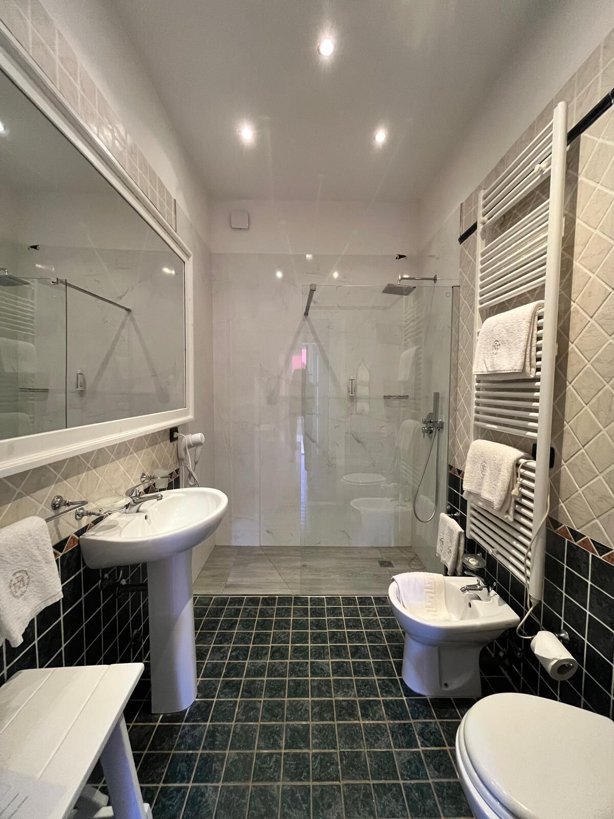 A modern bathroom with two sinks, a shower, and a toilet.