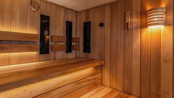 Puinen sauna, jossa on penkit ja seinään kiinnitetyt lämmittimet.