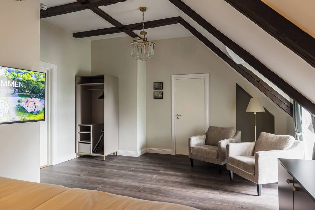 Una habitación con techo estilo loft, armario empotrado, zona de estar con dos sillones y un televisor que muestra una casa.