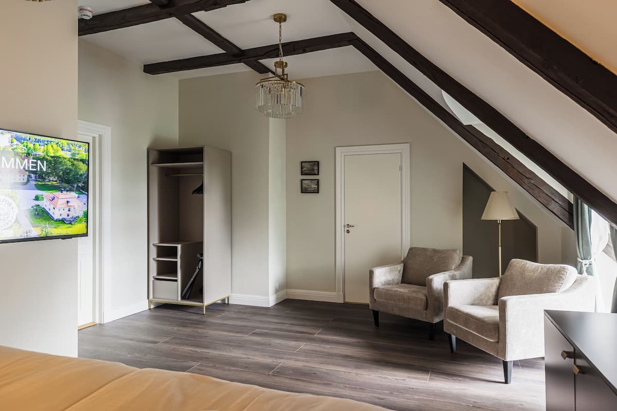 A room with a loft-style ceiling, a built-in wardrobe, a seating area with two armchairs, and a television displaying a house.