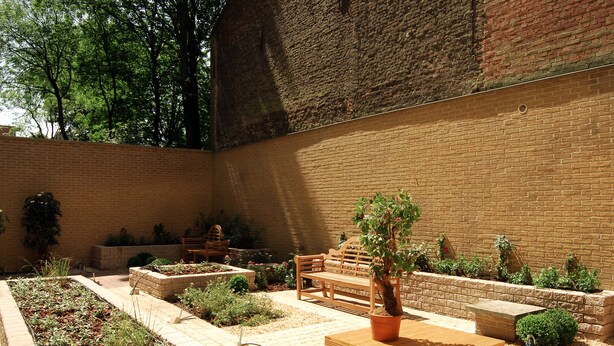 Un patio con un muro de ladrillo, un banco de madera, una maceta con un árbol y diversas plantas.
