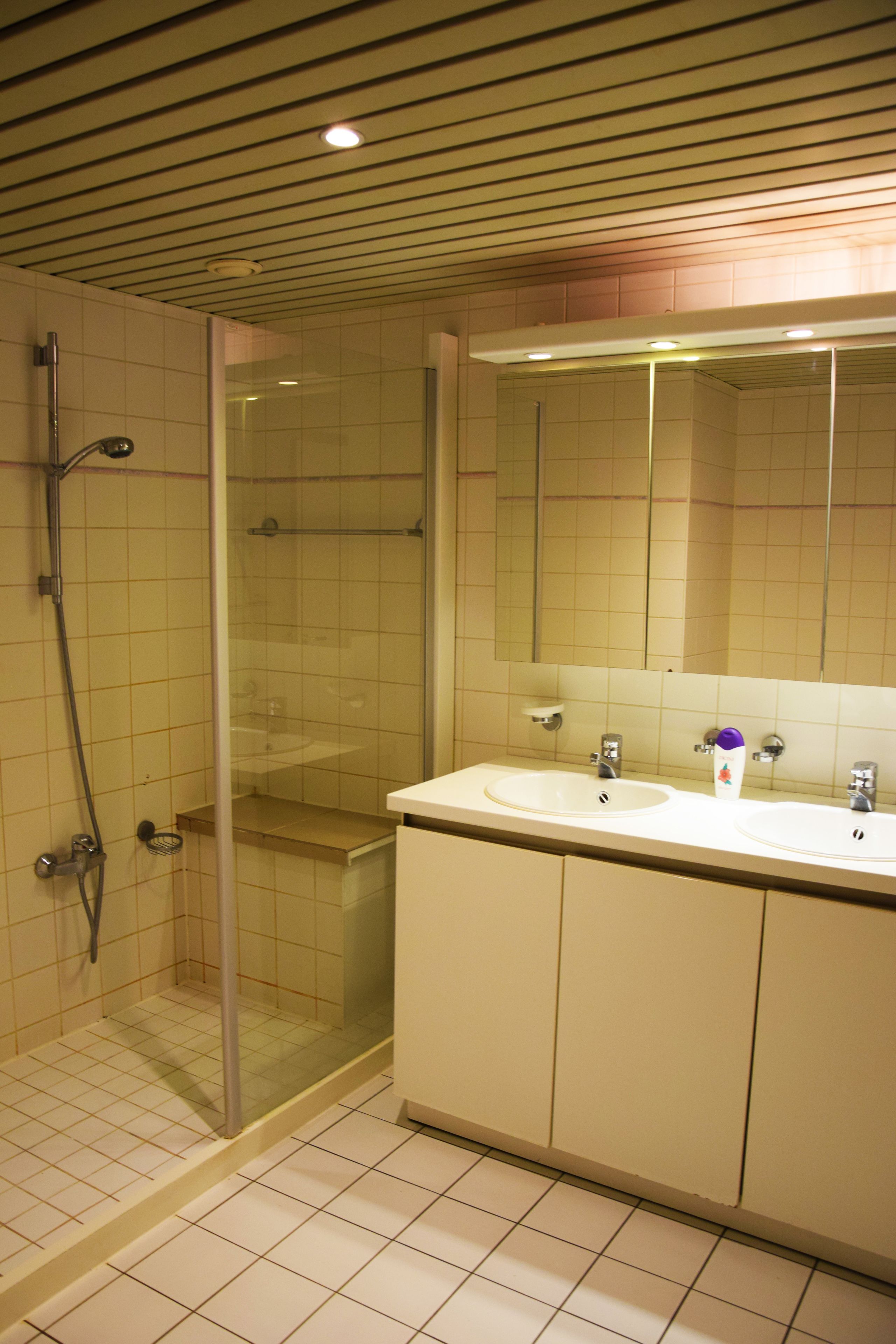 Un baño moderno con cabina de ducha de vidrio, tocador doble y un espejo grande sobre el tocador.