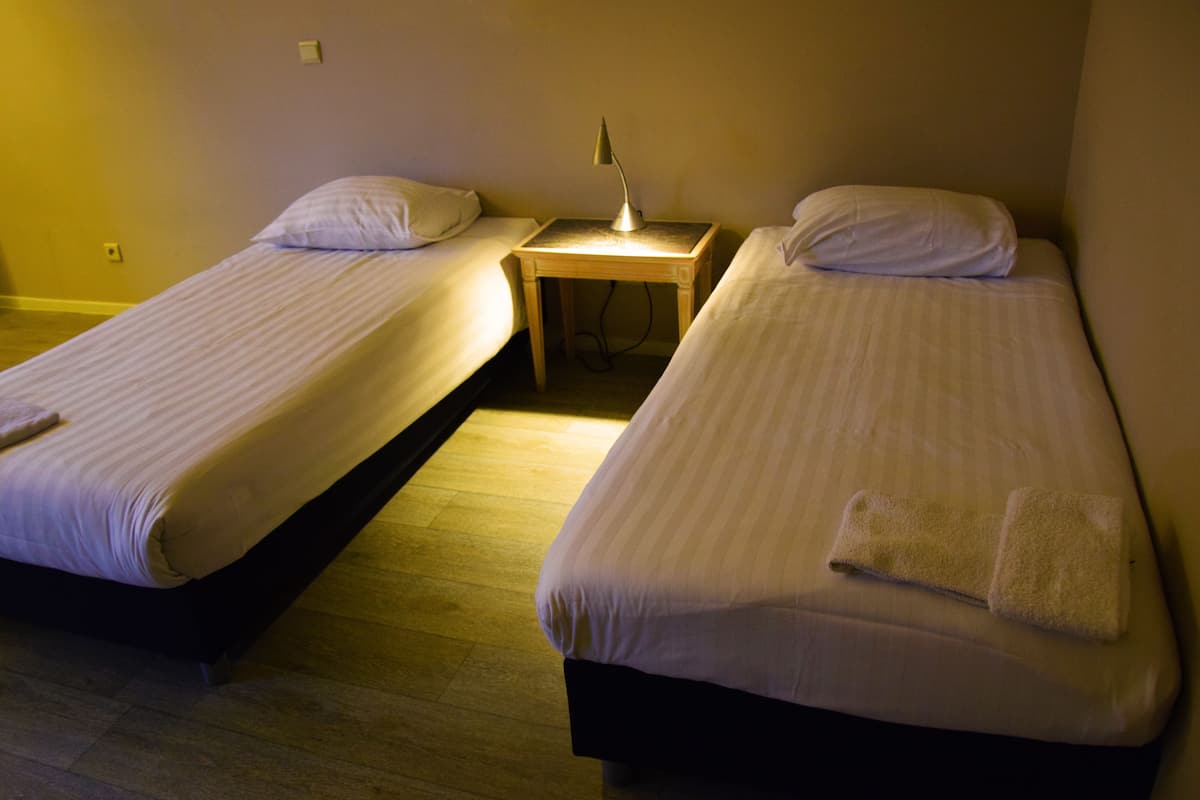 Two single beds with white linens, a bedside table with a lamp, and a wooden floor.