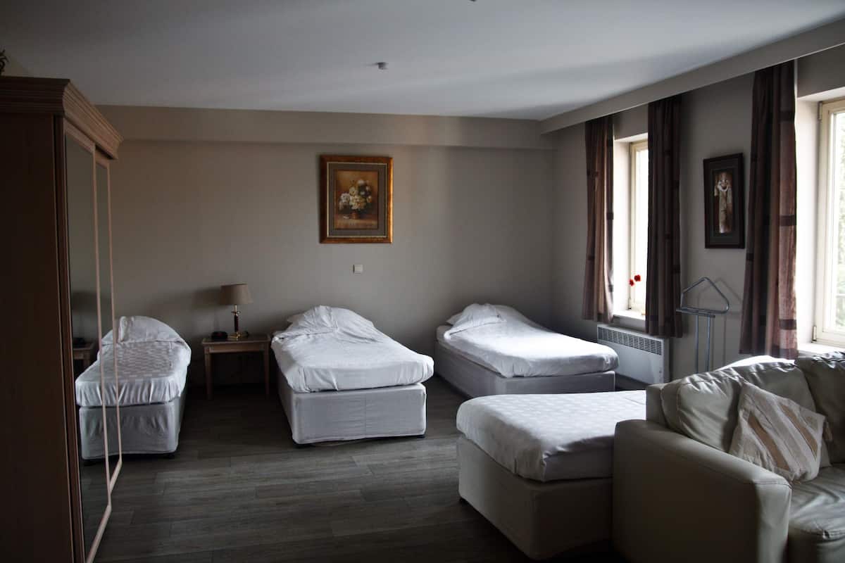 A hotel room with two single beds, a sofa, and a cabinet.