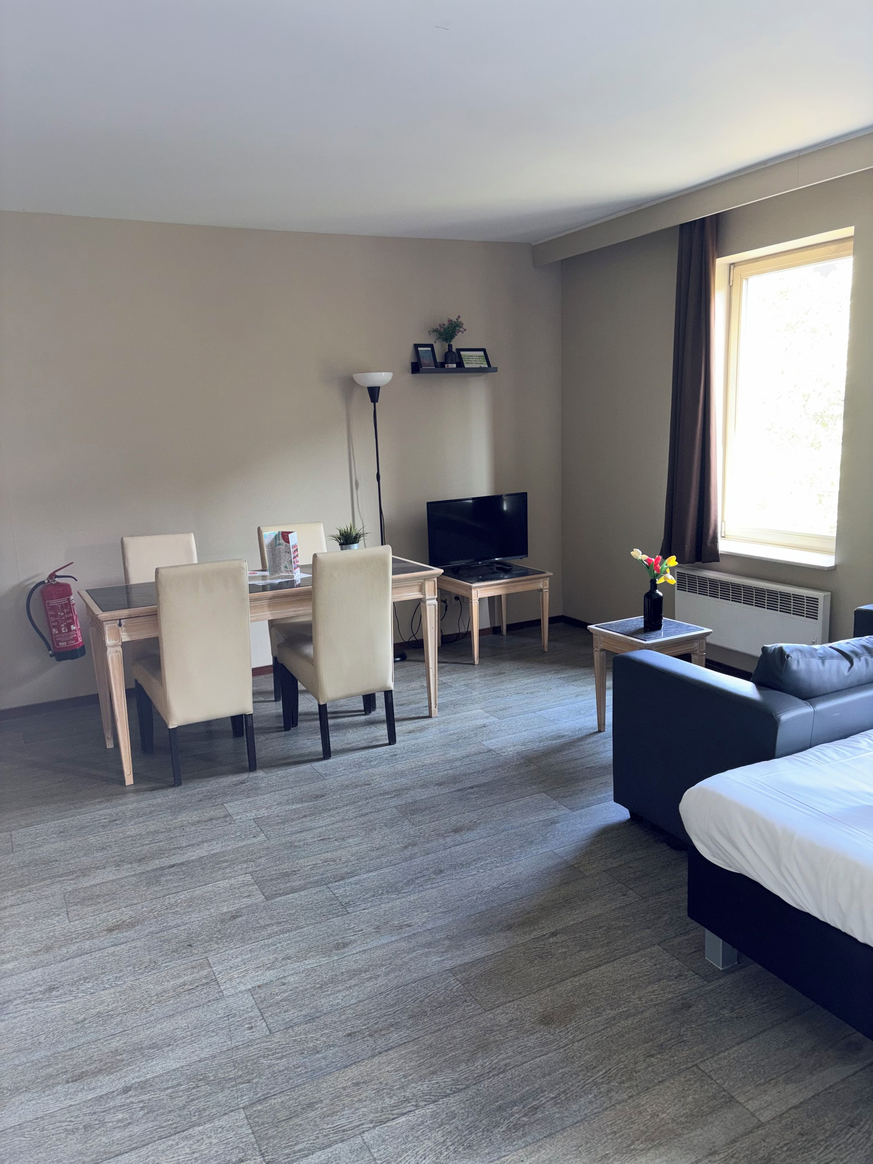 Une chambre d’hôtel comprenant un lit, un bureau avec des chaises, une télévision, un radiateur et une fenêtre avec des rideaux.