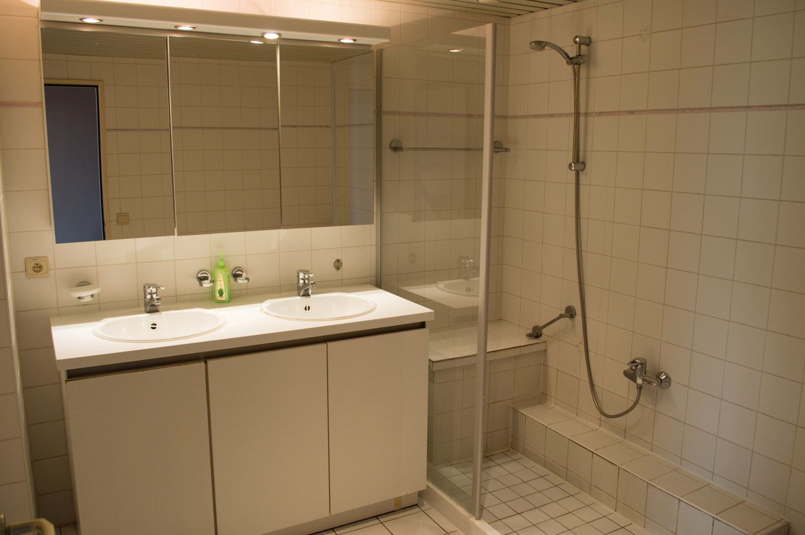 A bathroom with two sinks, a large mirror, and a glass-enclosed shower area.