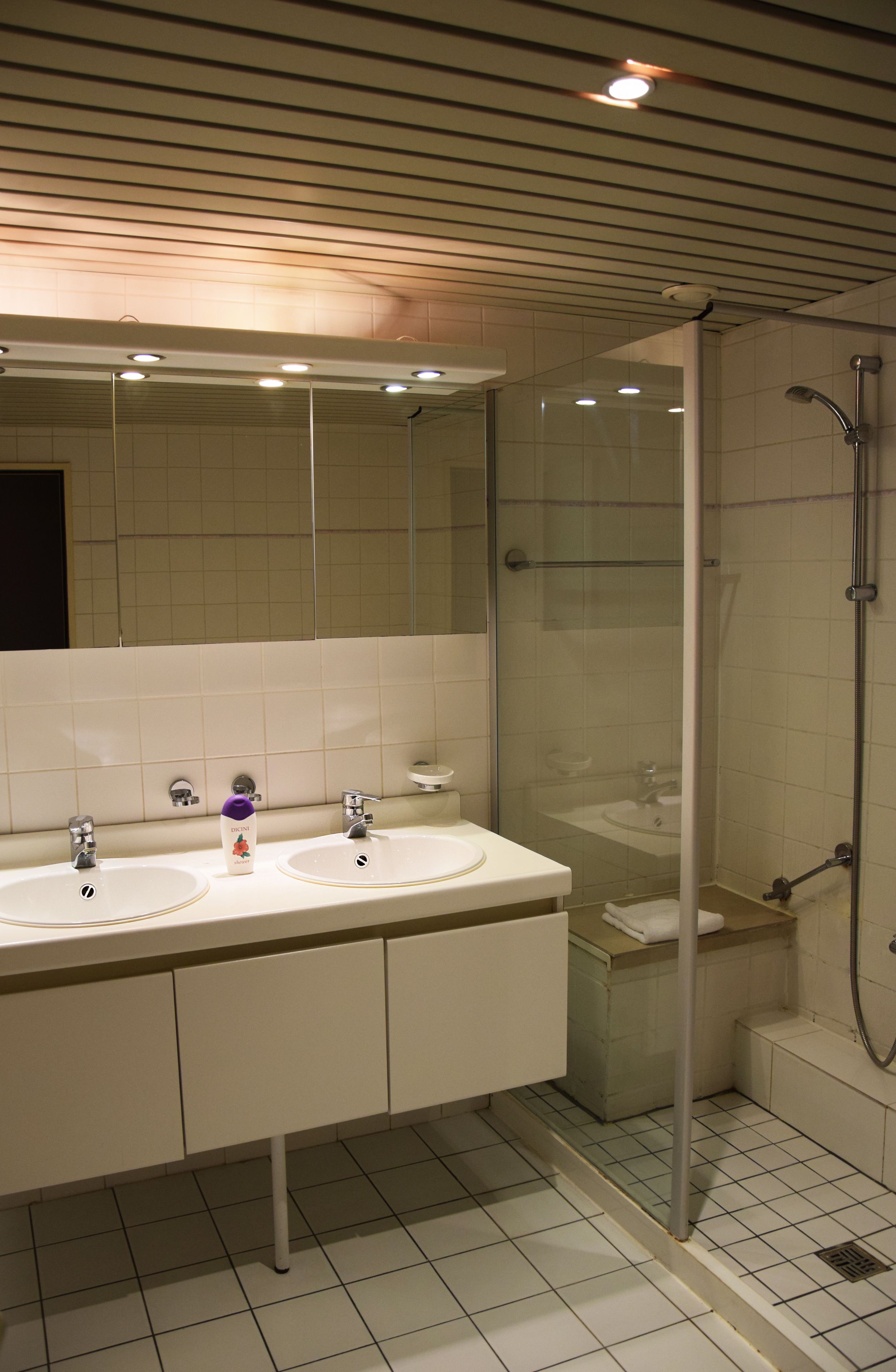A modern bathroom with two sinks, a glass-enclosed shower, and a large mirror.