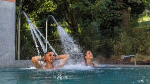 Una piscina con idromassaggio, circondata dal verde.