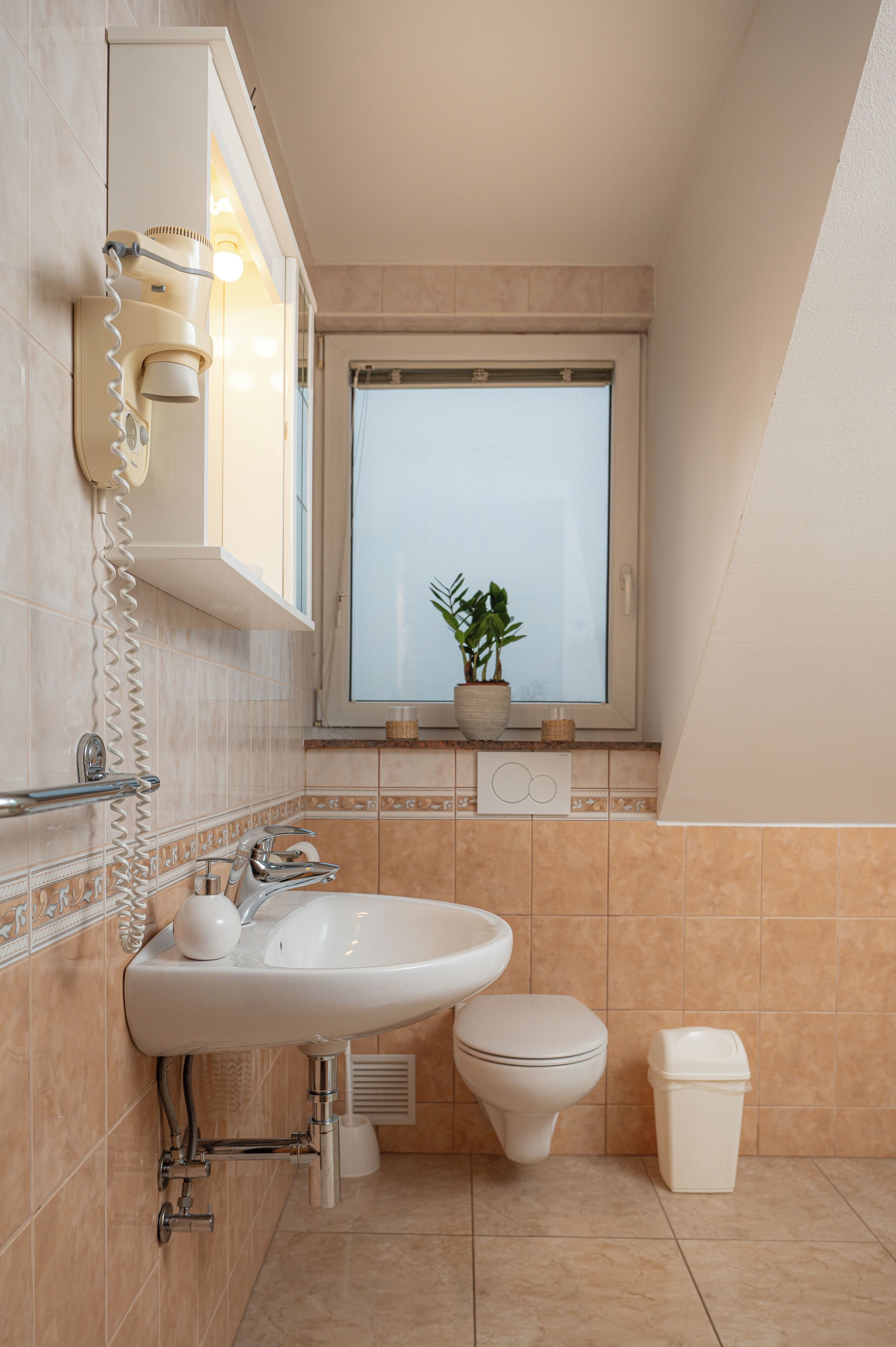 A bathroom with a sink, toilet, and window with a plant.