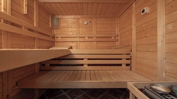 A wooden sauna with benches and a bench seat.