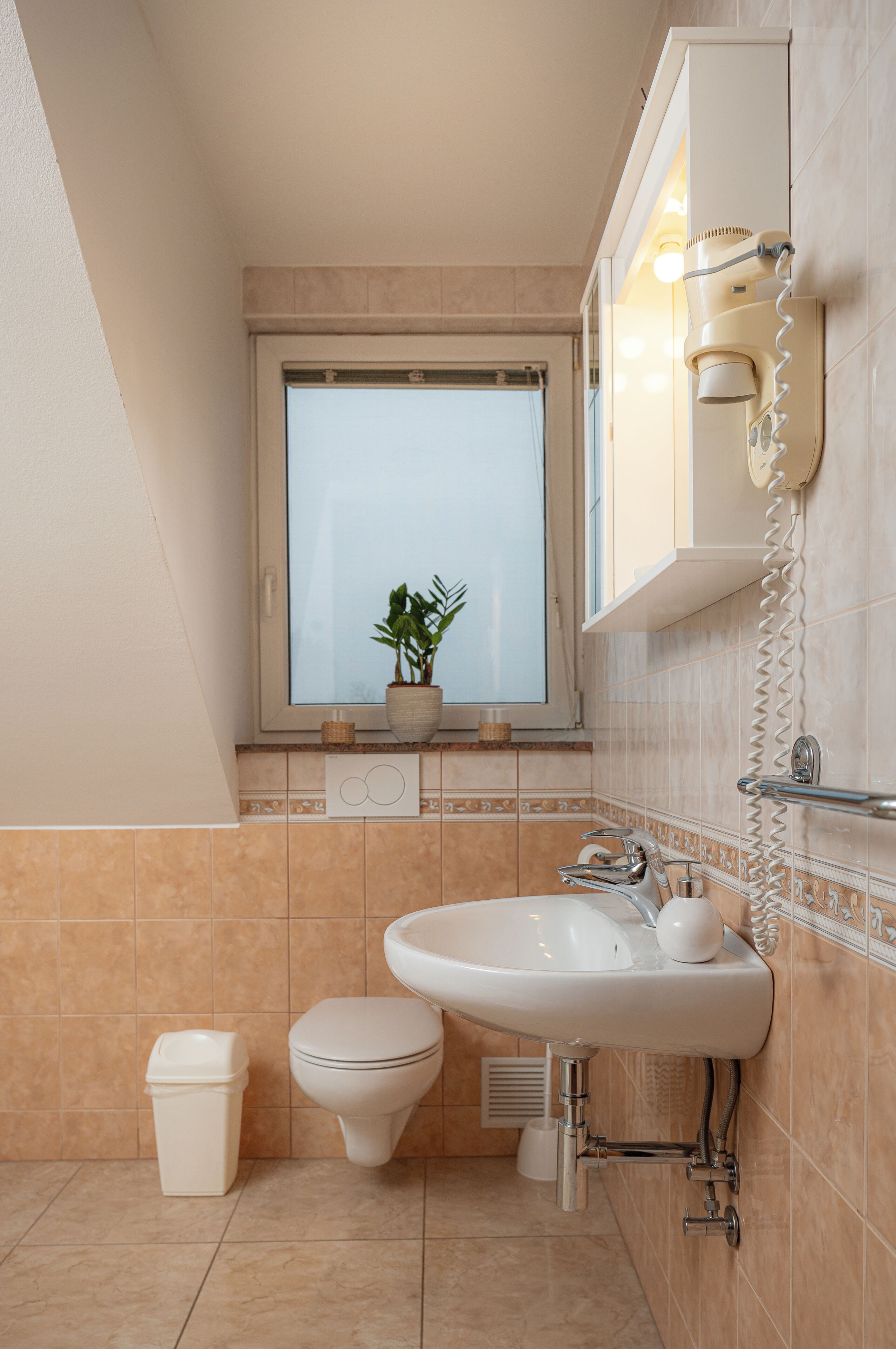 A bathroom with a sink, toilet, and window with a plant.