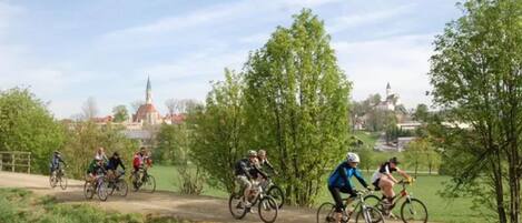 Un grupo de ciclistas en un sendero de tierra con follaje y edificios al fondo.