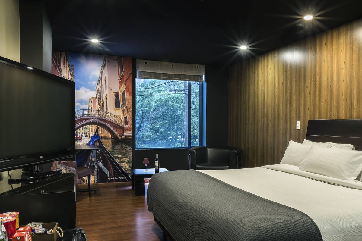 Camera d'albergo con un letto, una televisione, una scrivania con una sedia e una finestra che si affaccia su un ponte e alberi.