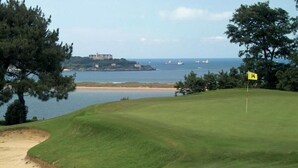 A golf course with a flag marked '14' and a view of the sea and a distant building. - Hotel Estrella del Alemar (Ribamontan al Mar)