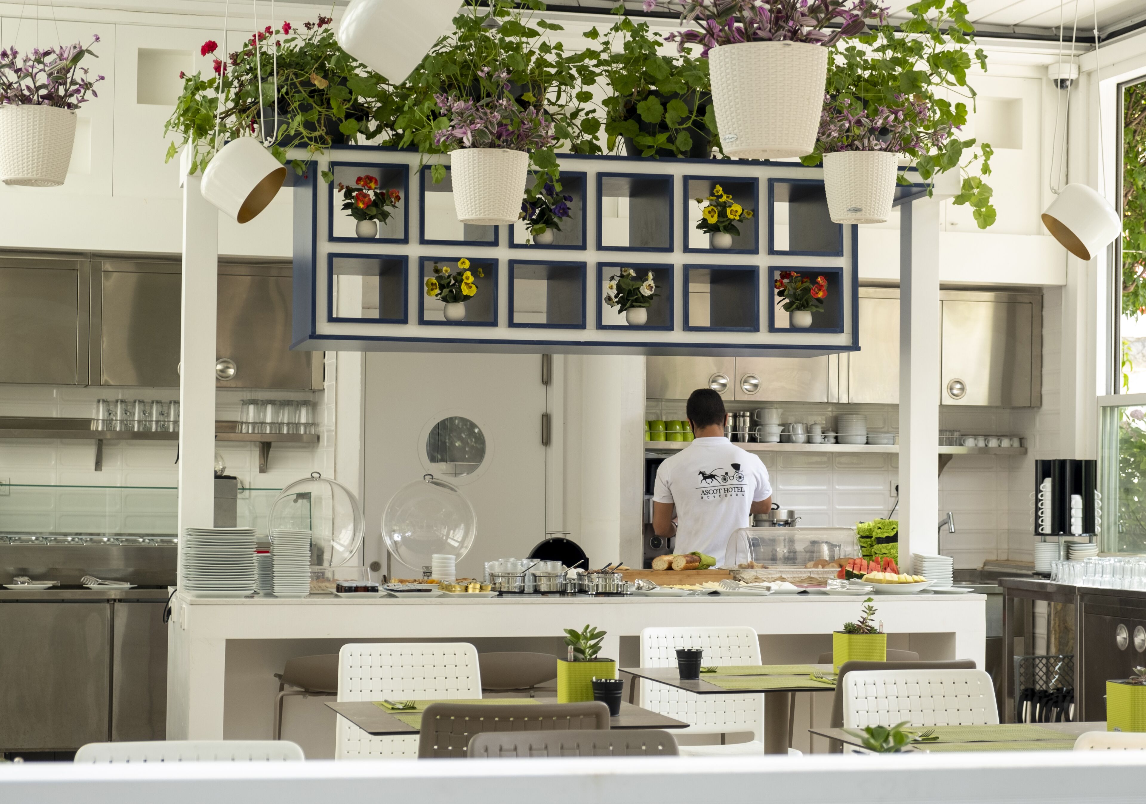 Un restaurante moderno con una barra central, plantas colgantes y un cocinero preparando comida.