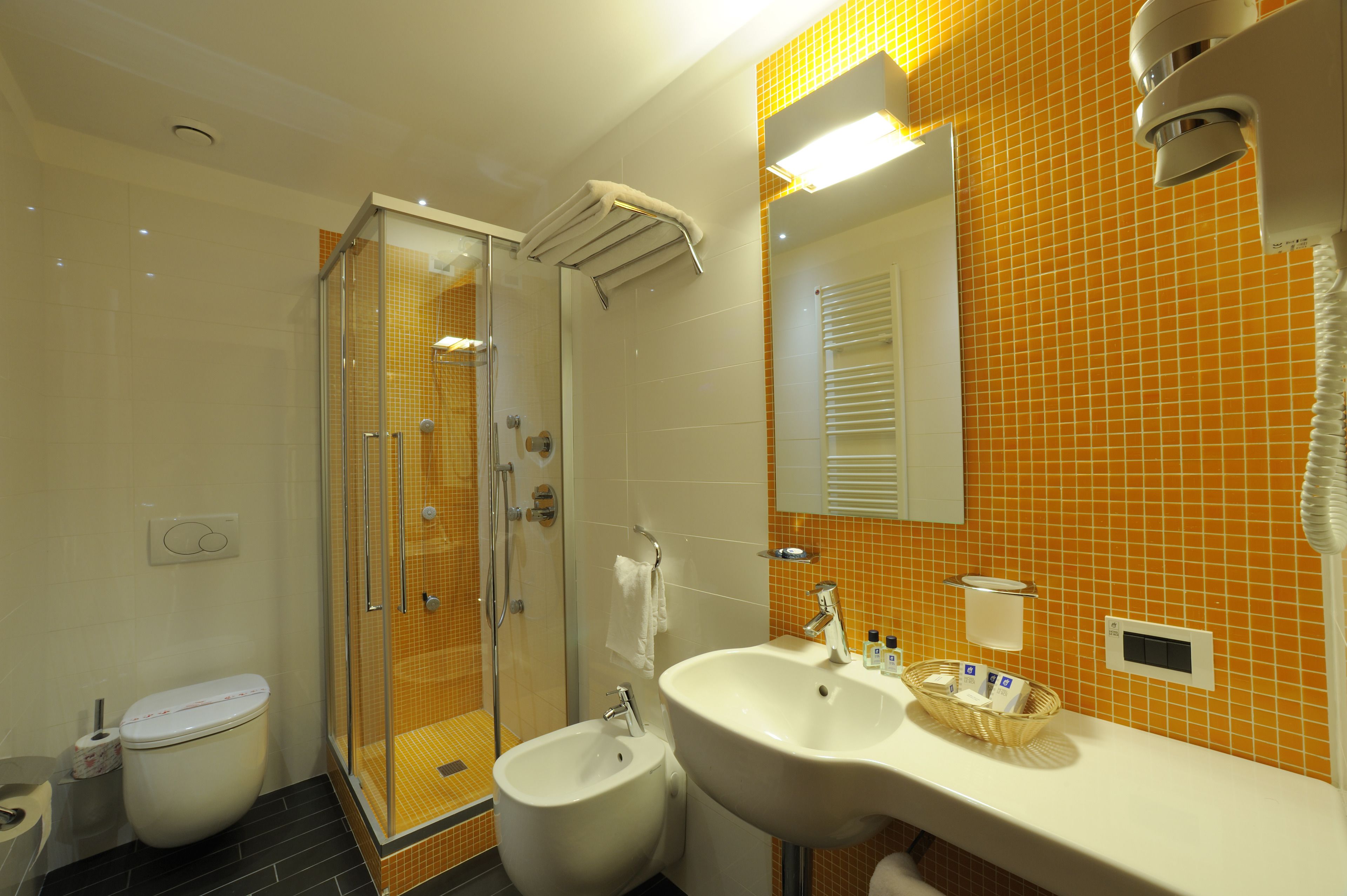 double room | bathroom | shower, rainfall showerhead, hair dryer, bidet