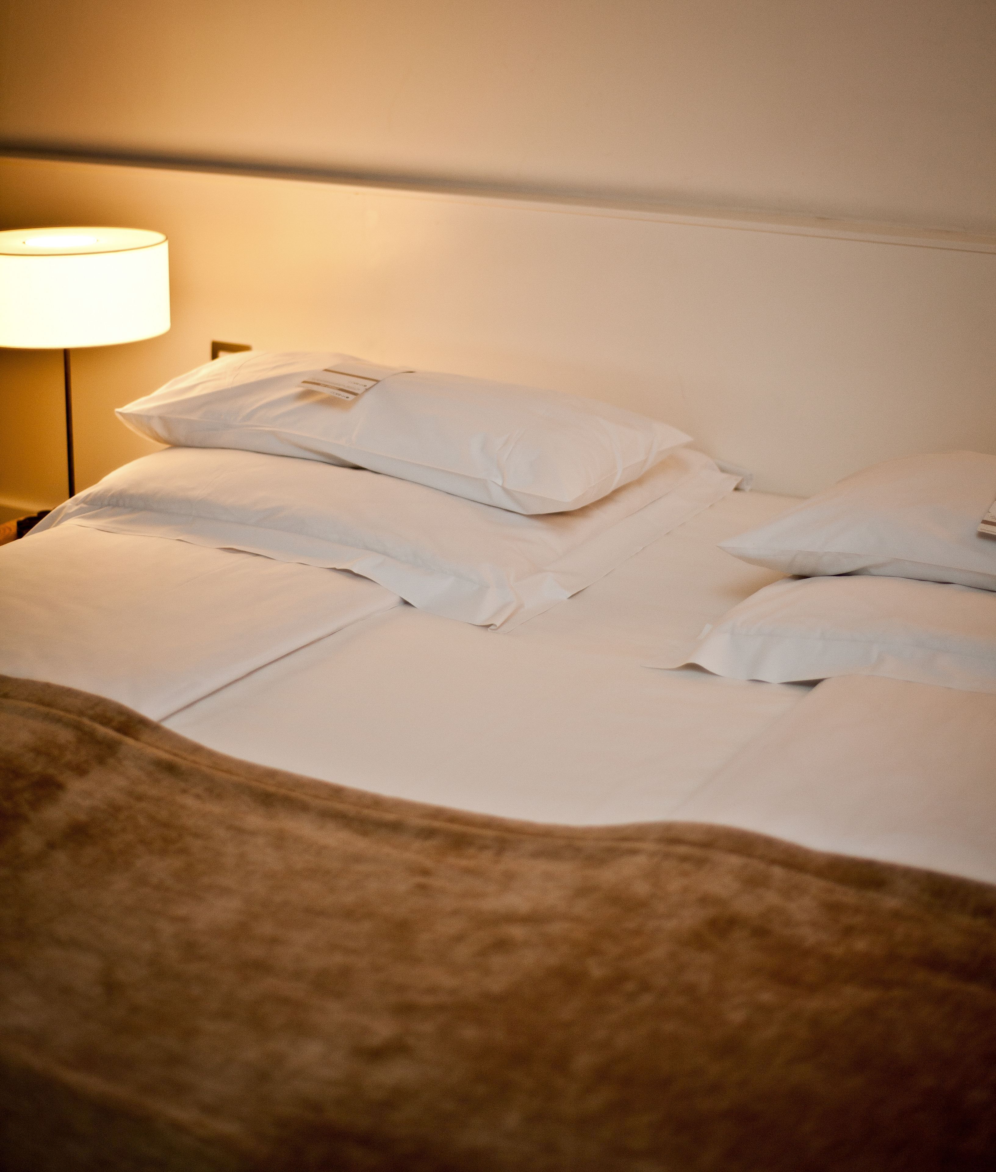 A neatly made bed with white linens and pillows, a bedside lamp, and a brown headboard.