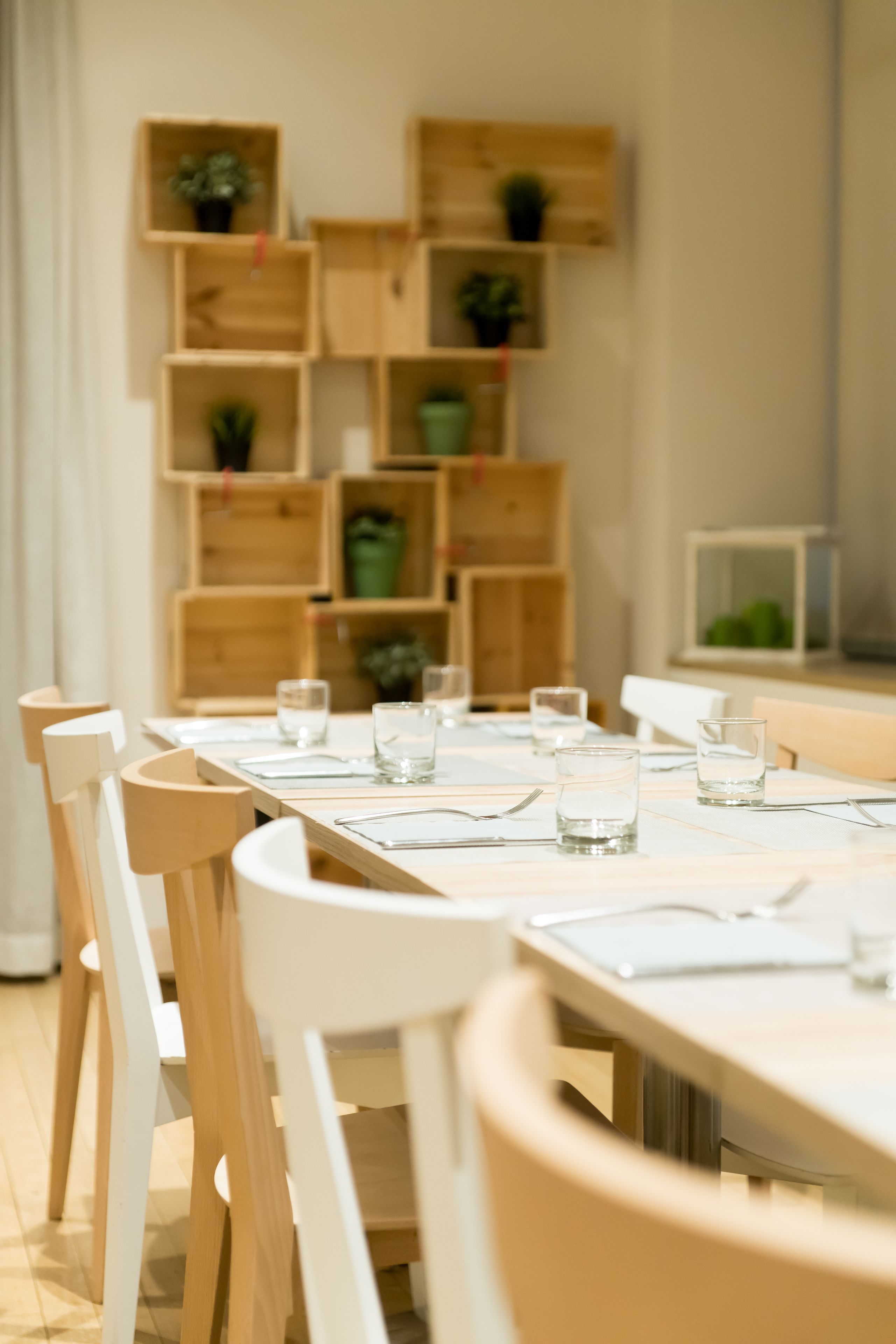 A dining area with a long wooden table set for four, surrounded by white chairs. There are multiple wooden shelves with potted plants in the background.