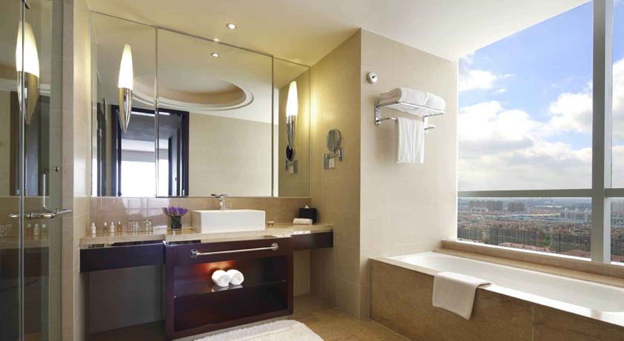 Une salle de bain moderne avec un grand miroir, un lavabo, une baignoire et une fenêtre donnant sur la ville.