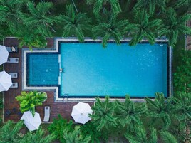 En vy från ovan av en rektangulär swimmingpool omgiven av frodig grönska och trädeck med parasoller.