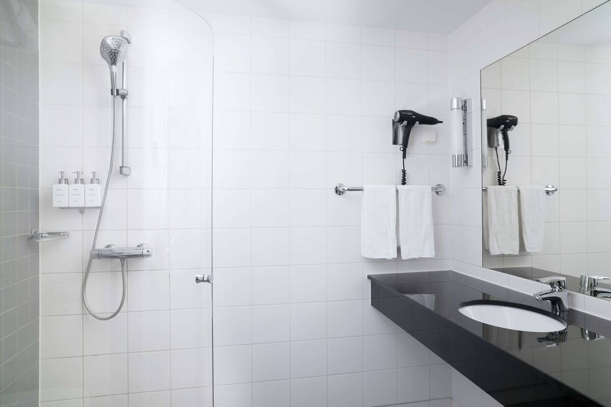 shower, free toiletries, hair dryer, towels