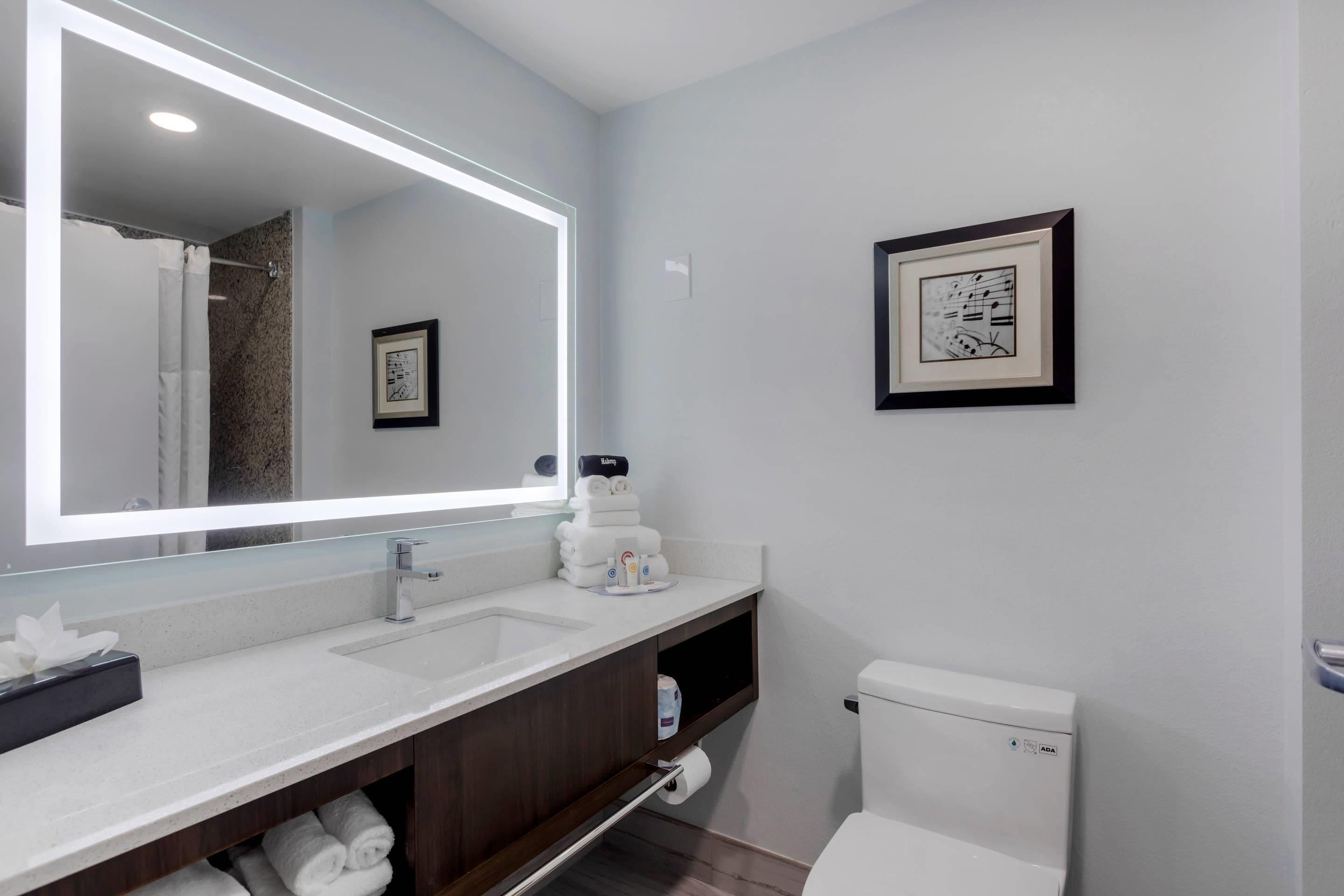 A modern bathroom with a large mirror, two sinks, a toilet, and a towel rack.