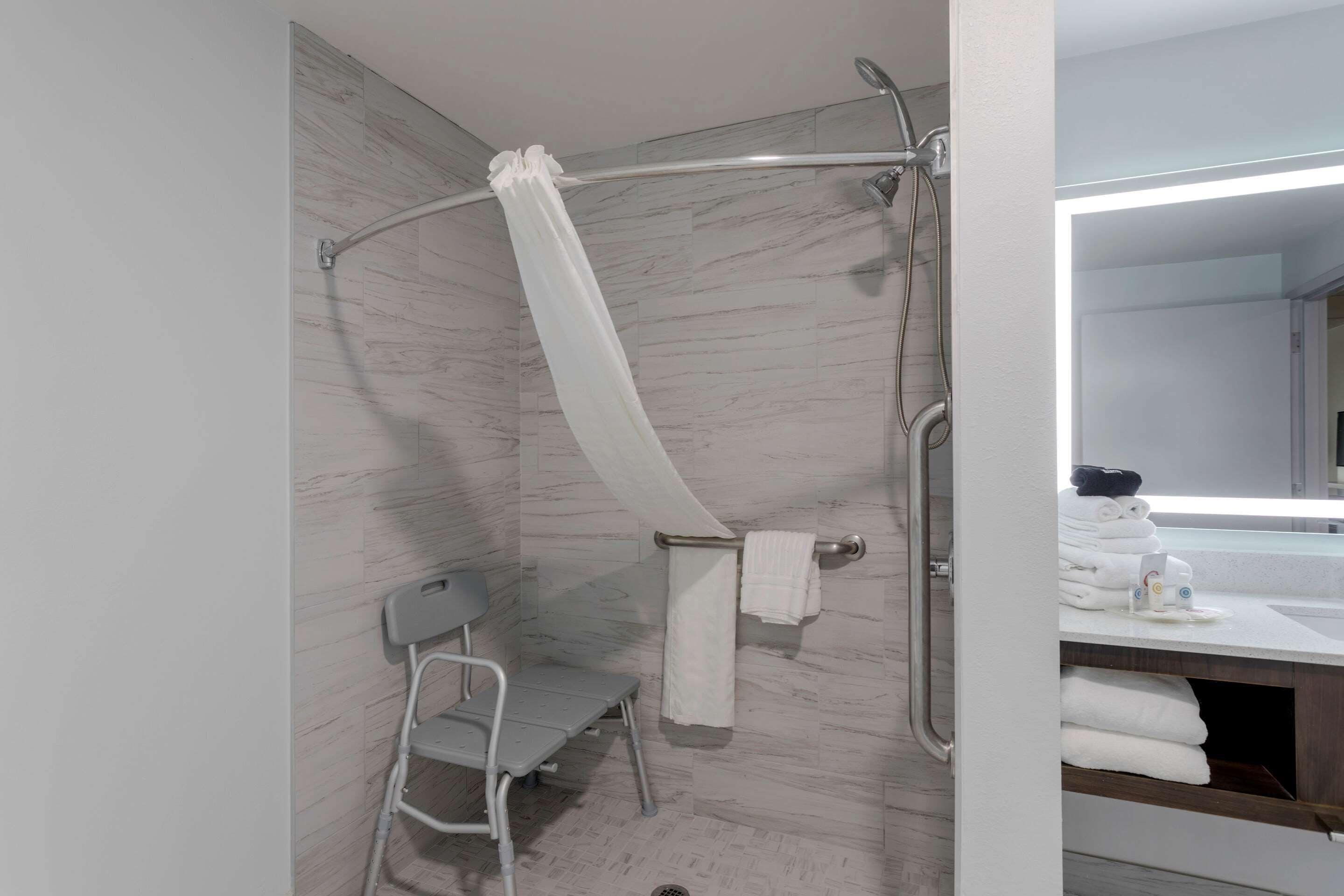 suite, 1 king bed with sofa bed, accessible, non smoking (roll-in shower) | bathroom | combined shower/bathtub, free toiletries, hair dryer, towels