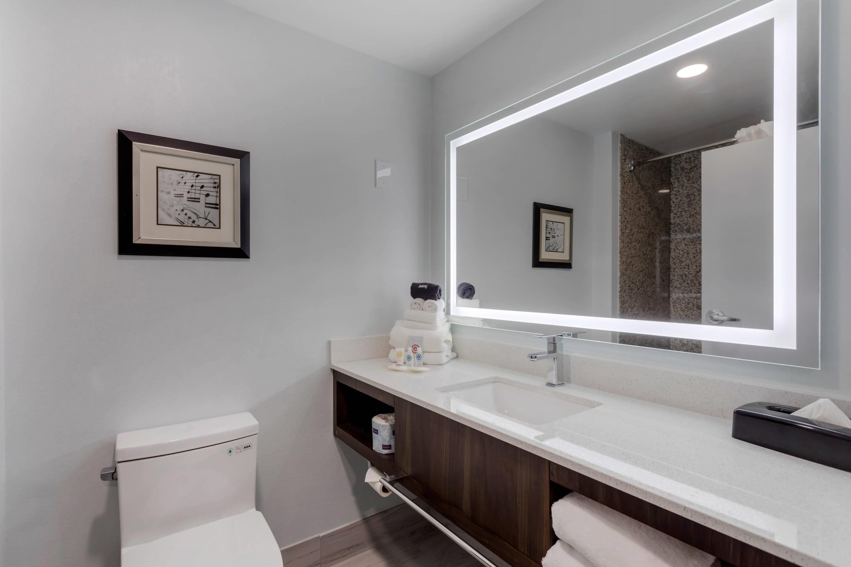 A modern bathroom with a large mirror, a toilet, a sink, and a towel rack.