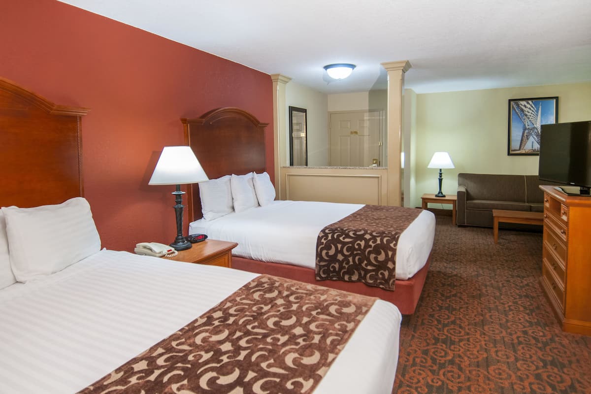 A hotel room with two beds, a desk, a chair, a television, and a mirror.
